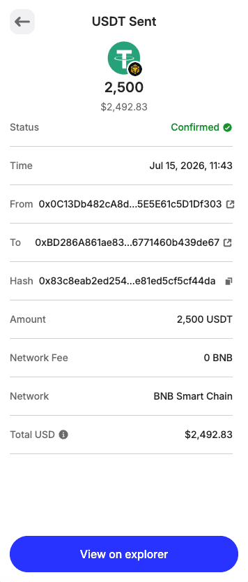 BNB Flash USDT payment confirmation